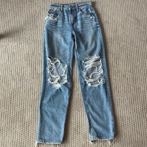 American Eagle Outfitters Classic Blue Ripped High Ride Baggy Straight Jeans